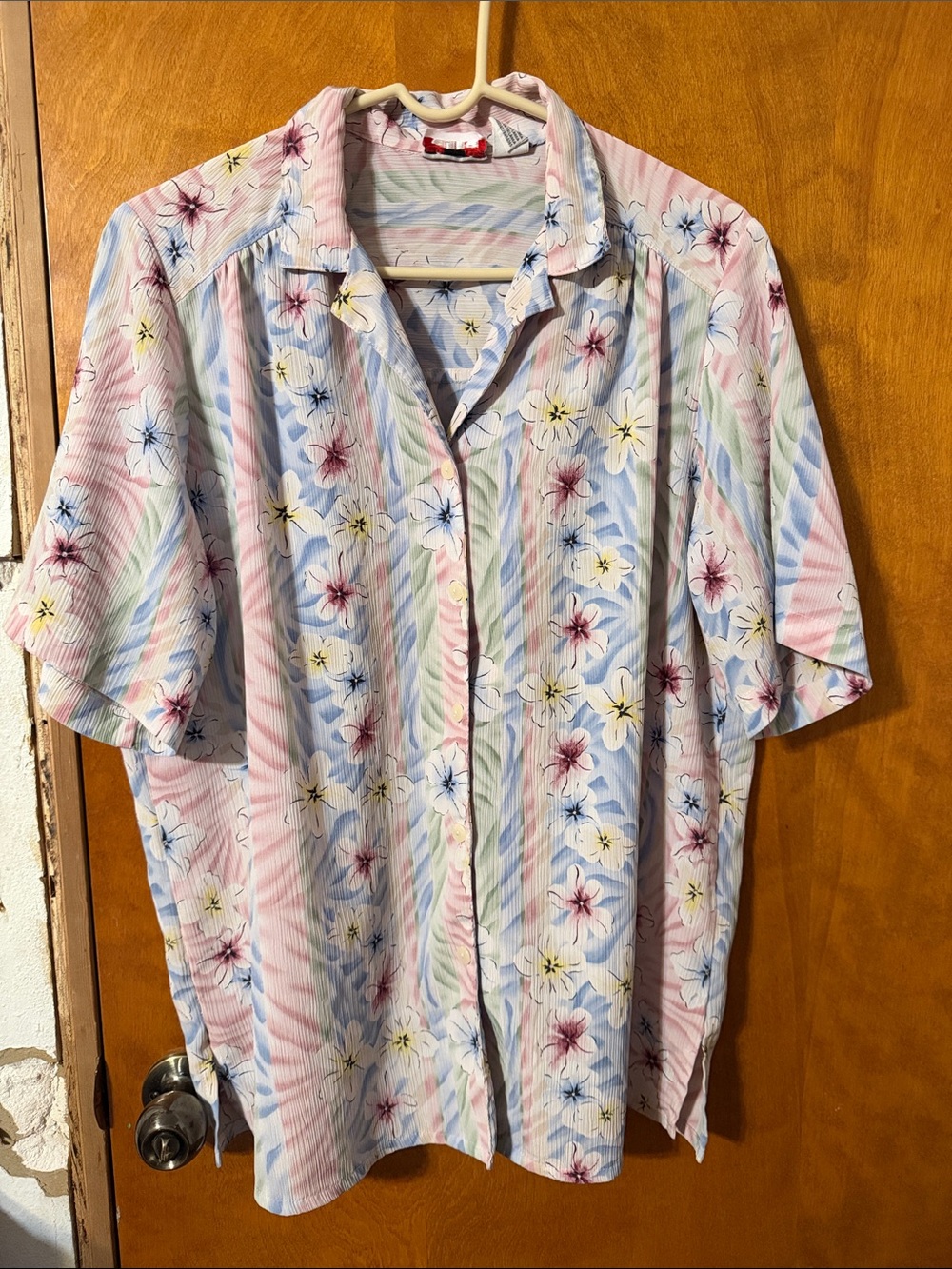 Alia Pastel Floral Button-Front Short Sleeve Blouse - Pink Blue Cream